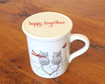 Vintage Mug with Lid Coaster 80's Toscany Collection Japan Kitty Cats Happy Together