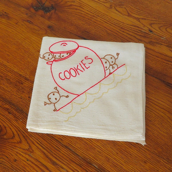 Vintage Embroidered Flour Sack Towel Anthropomorphic Cookies