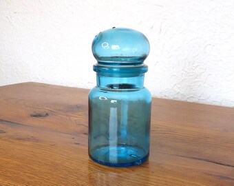 Vintage Aqua Blue Glass Bubble Top Storage Jar Belgium Mid Century