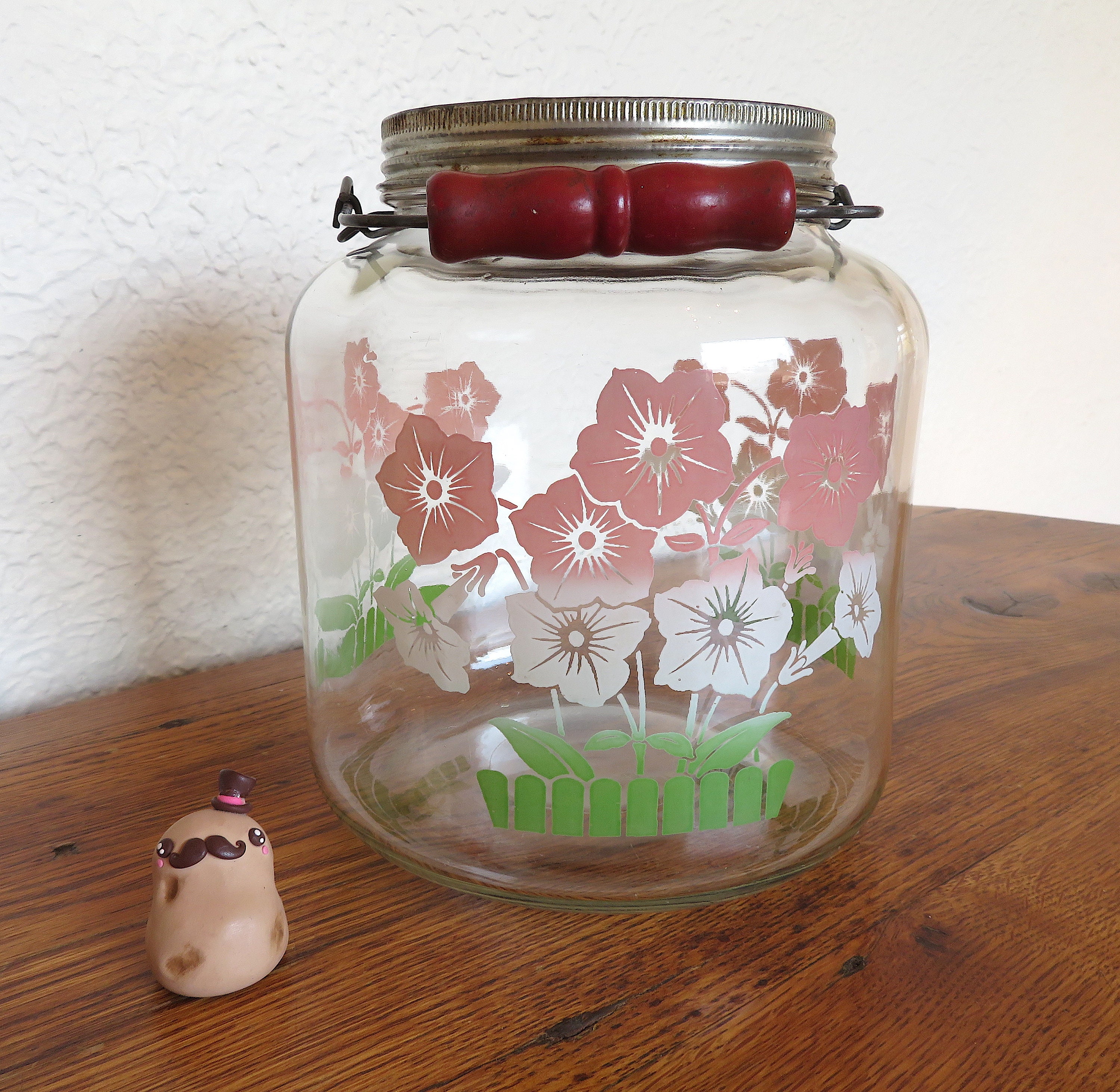Vintage Glass Storage Jar with Lid Wire Bail and Wood Handle Etsy