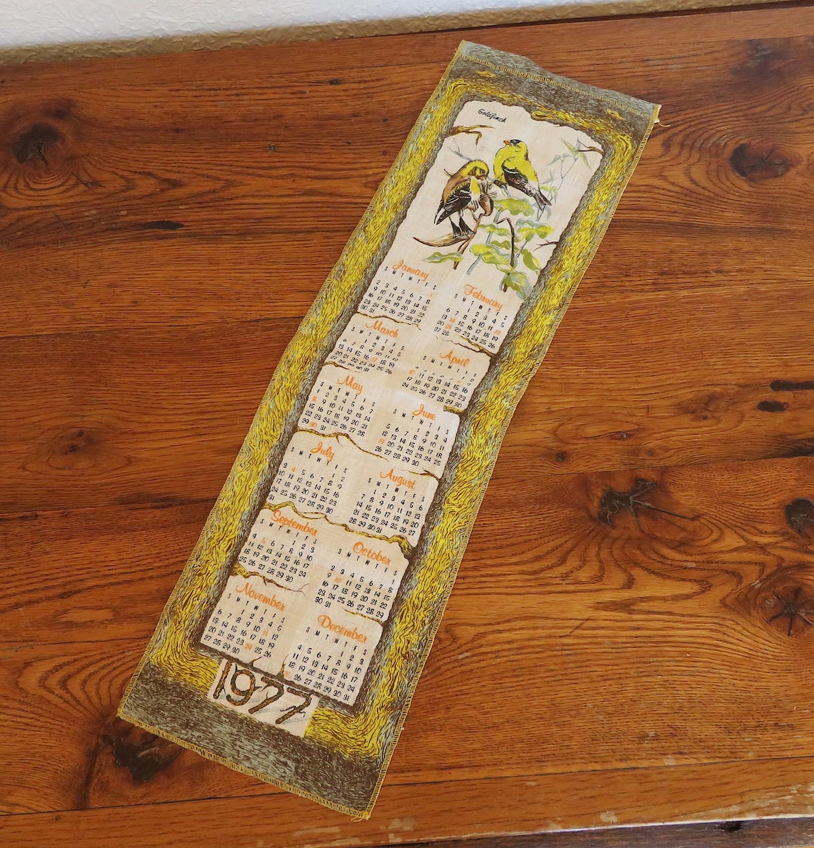 Vintage 1977 Year Linen Calendar Goldfinches Etsy