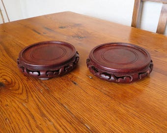 Vintage Carved Wood Chinese Vase Plant Stands 2 Pedestal Bases