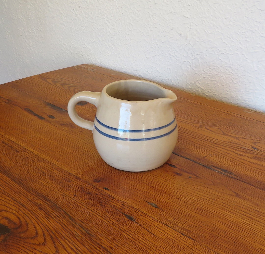 Antique Pottery Blue Band Buttermilk Pitcher Rustic Farmhouse Etsy