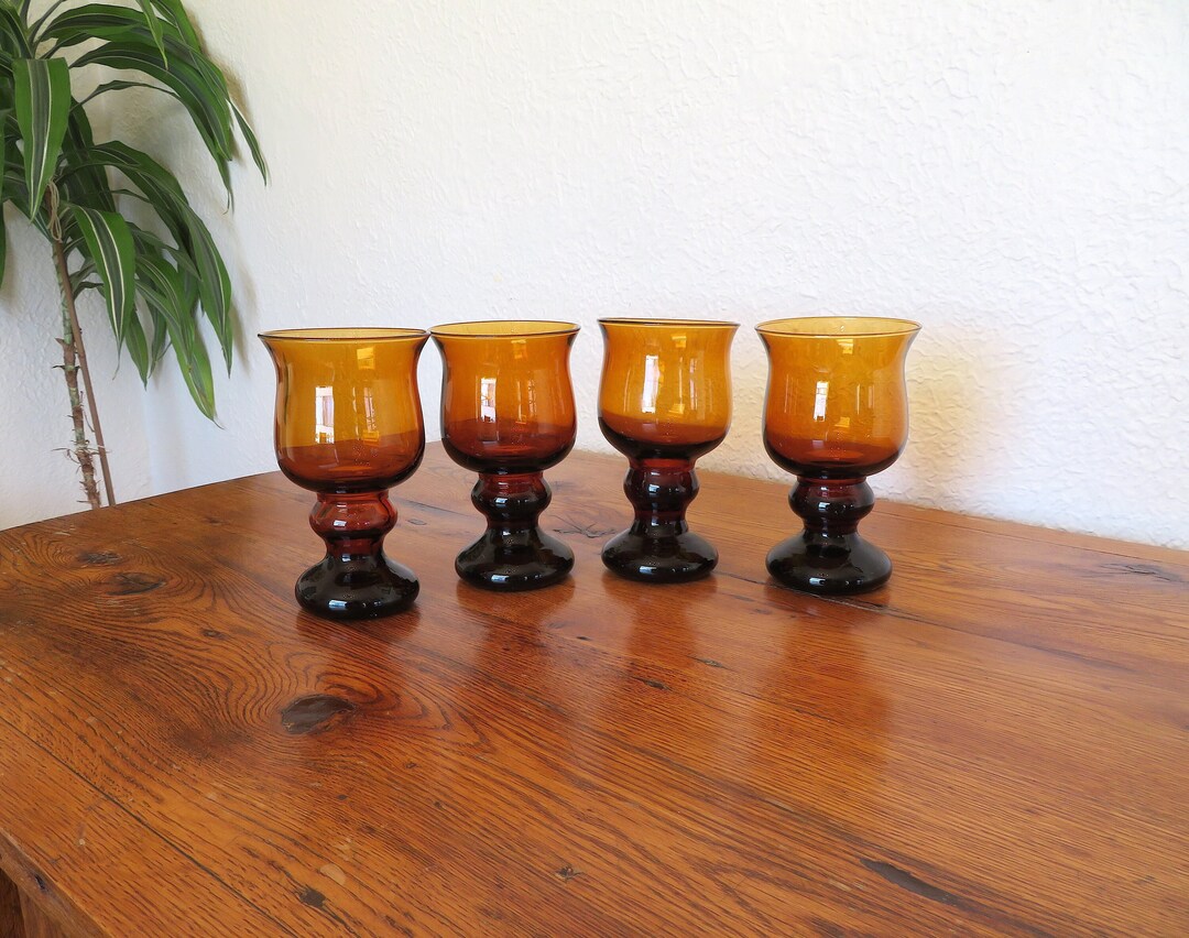 Vintage Amber Glass Tumblers Set of 4 Colony Italy PD Imports 1970's