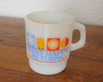 Vintage McDonald's Milk Glass Mug Many Happy Returns 1982 Four Seasons Anchor Hocking