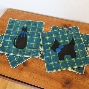 Vintage Throw Pillow Covers Plaid Scottie Dog and Kitty Cat 15&quot; x 15&quot; Set of 4