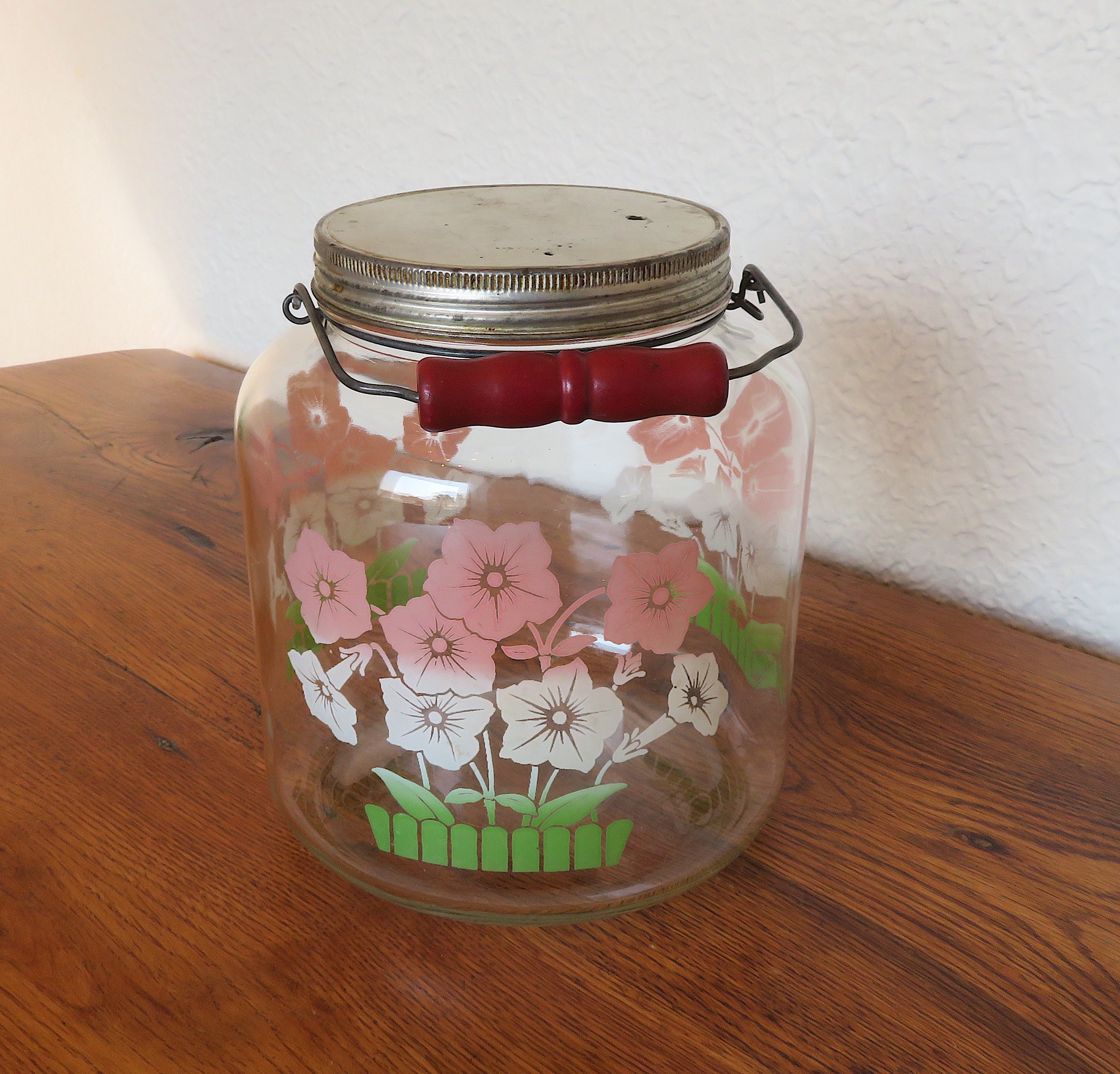 Vintage Glass Storage Jar with Lid Wire Bail and Wood Handle Etsy