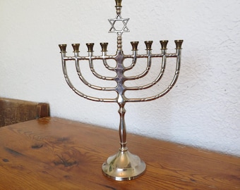 Vintage Brass Silver Tone Menorah Hanukkah 9 Candle