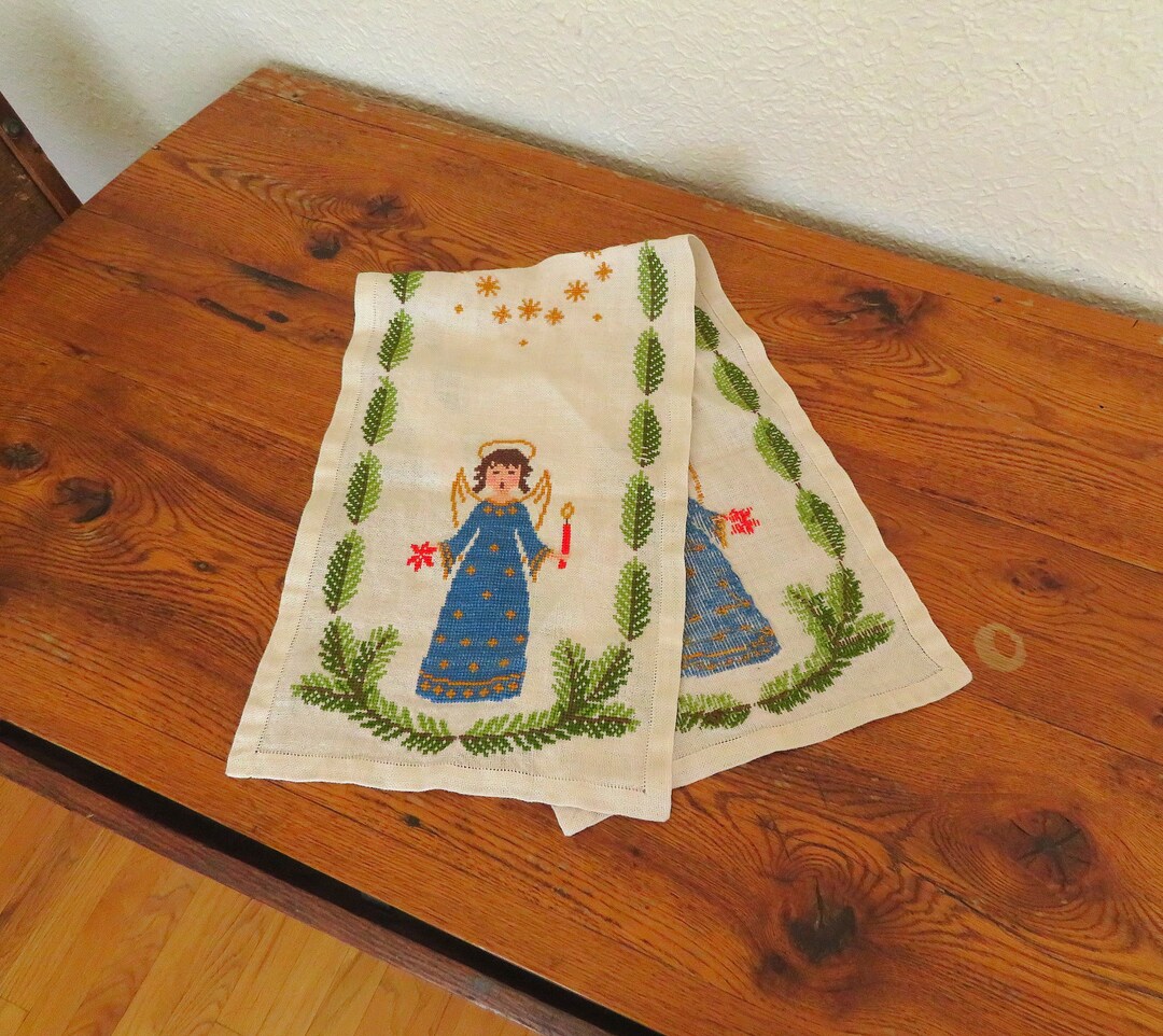 Vintage Embroidered Linen Christmas Angel Table Runner Swedish ...