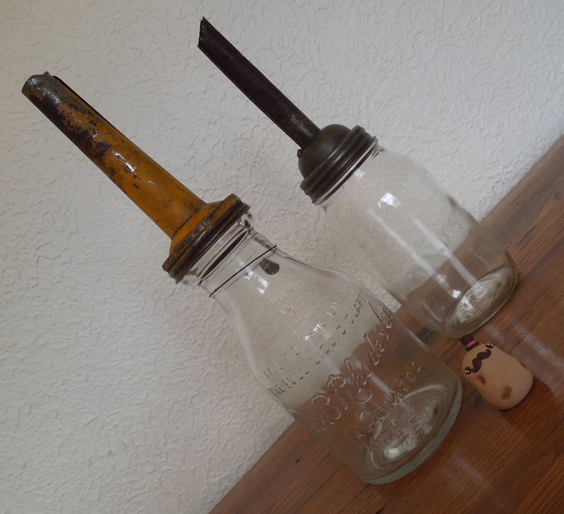 Antique Glass Motor Oil Bottles With Metal Spout Funnel Lot Etsy