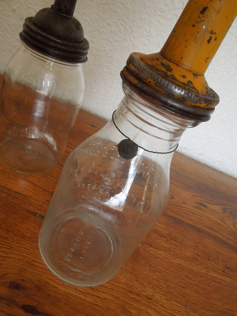 Antique Glass Motor Oil Bottles With Metal Spout Funnel Lot Etsy