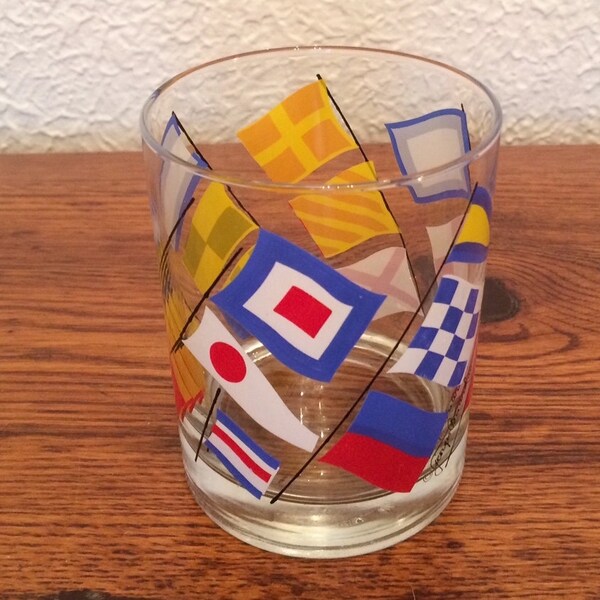 Vintage Georges Briard  Nautical Flag Lowball Glass Tumbler Mid Mod Barware