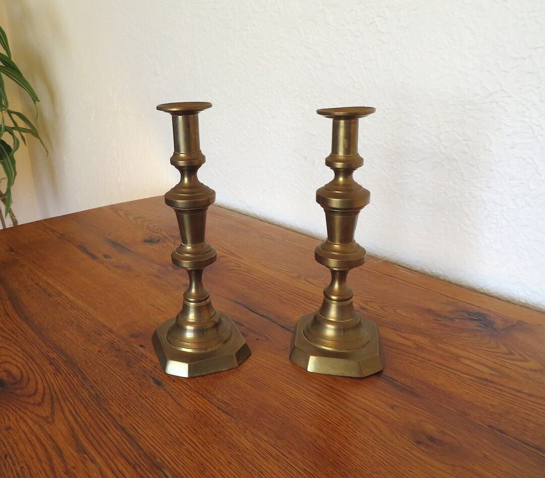 Antique Brass Candlestick Holders Pair Push up Candle Ejector Etsy