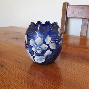 Vintage Bohemian Czech Glass Hand Painted Vase Cobalt Ruffled Hand Blown