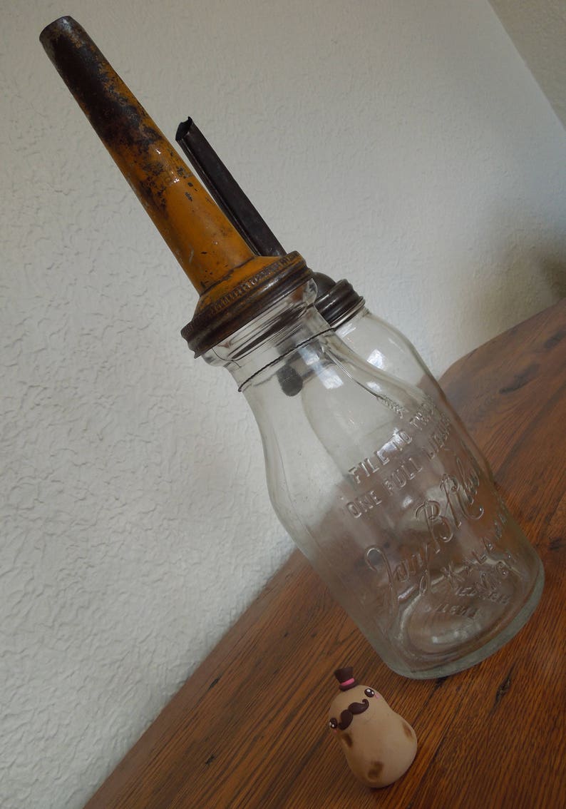 Antique Glass Motor Oil Bottles With Metal Spout Funnel Lot Etsy