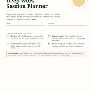 Deep Work Session Planner Printable, Focus Planner PDF, Productivity Planner, Deep Work Tracker, Distraction Log, Time Blocking Planner
