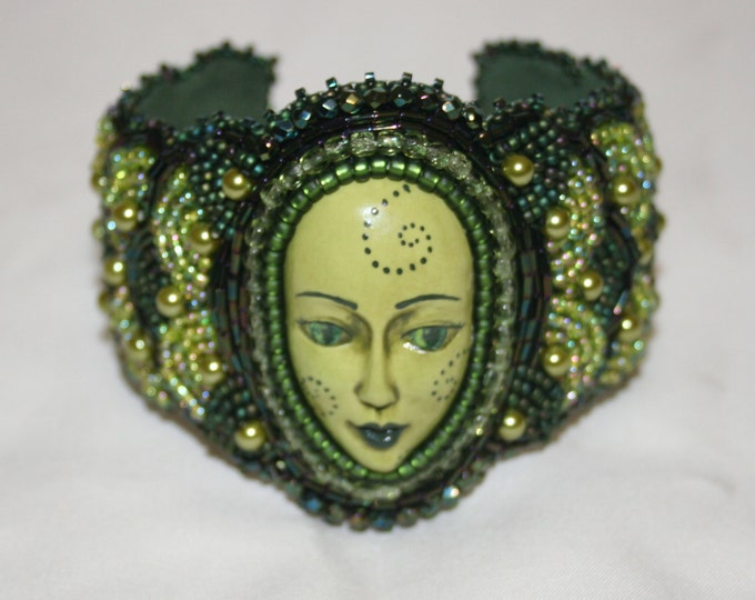 Beautiful Polymer Clay Face & Seed Bead Embroidered Olive Green