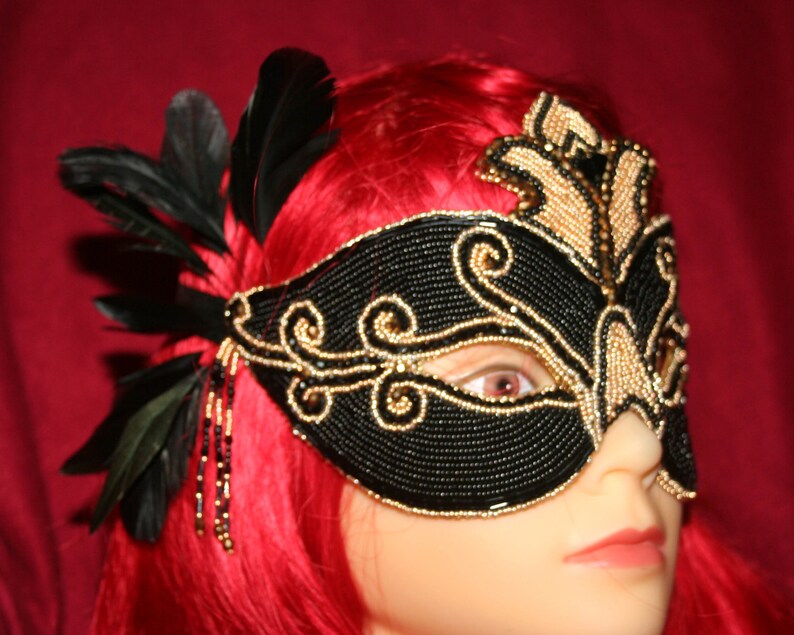 Seed Bead Embroidered Black & Gold Masquerade Beaded Mask with Etsy