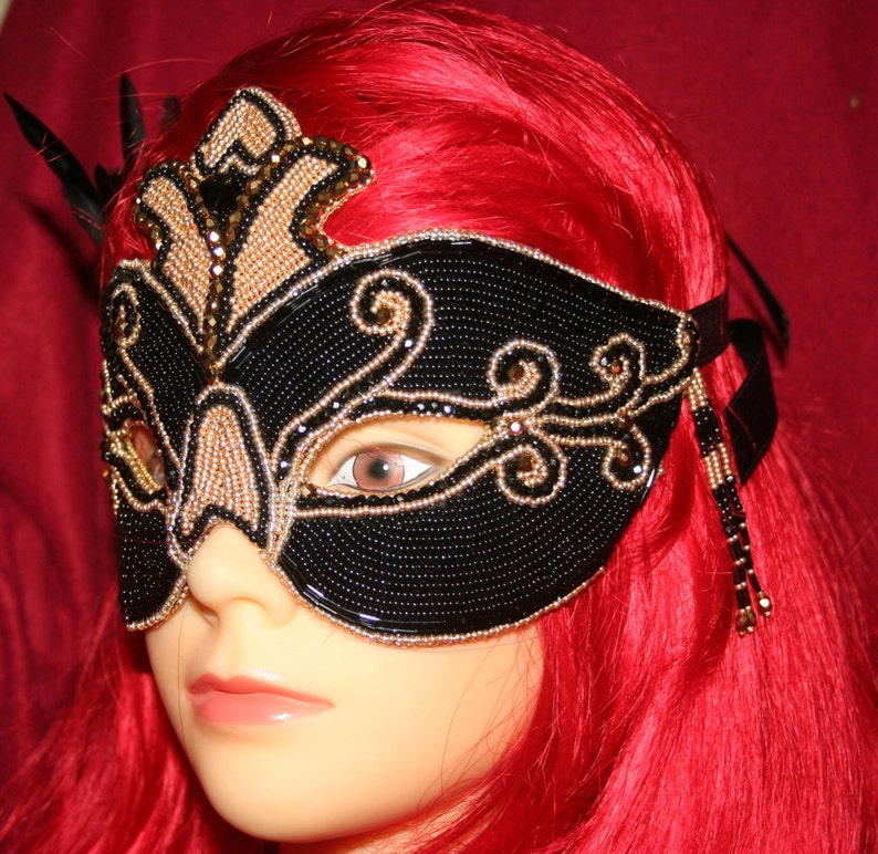 Seed Bead Embroidered Black & Gold Masquerade Beaded Mask with Etsy