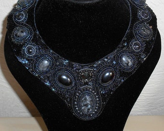 Clearance Price - Beautiful Handmade OOAK Black, Blue and Grey Larvikite, Hematite and Swarovski Crystal Bead Embroidered Collar Necklace