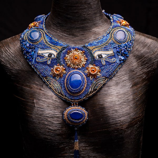 Clearance Price - OOAK Egyptian Bead Art Embroidery Necklace with Lapis Lazuli Gemstone Cabochons and Swarovski Crystals