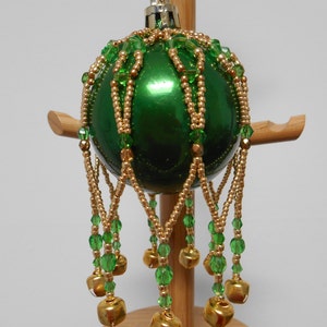 OOAK Green and Gold Bells Handmade Beaded Crystal Victorian Decoration Bauble (#10)