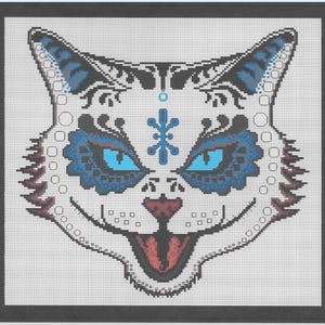 May include: A white cat with blue and black eyes, a red mouth, and a snowflake design on its forehead. The cat's face is stylized in a Day of the Dead style.