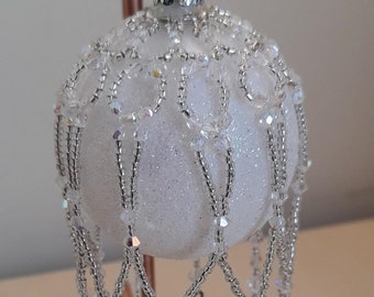 OOAK Silver and White Glitter Snowflake Handmade Beaded Swarovski Crystal Victorian Decoration Bauble (#4)