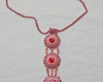 Beautiful Rhodochrosite Gemstone Cabochon and Swarovski Crystal Beadwork Necklace