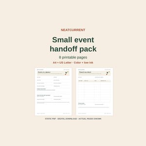 May include: A digital download titled NEATCURRENT Small event handoff pack with 8 printable pages in A4 and US Letter sizes. The document includes an Event at a glance page and a Timed run sheet page, both featuring a clean layout with text fields.