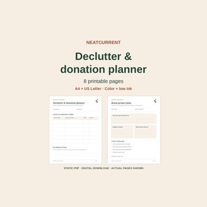 May include: A digital declutter and donation planner with 8 printable pages in A4 and US Letter sizes. The document features dark green text on a light background, including sections titled Declutter & donation planner and Room project plan.