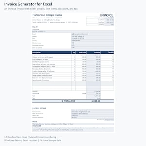 Può includere: Un modello di fattura A4 per Excel con l'intestazione Harborline Design Studio, le informazioni di fatturazione per Cascade Outdoor Co., un elenco dettagliato dei servizi di design, subtotale, sconto, tasse e totale dovuto.