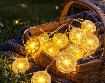 Handgemaakte LED-lichtslinger met citroenschijfjes, zomerse fruitverlichting voor terras en huisdecoratie.