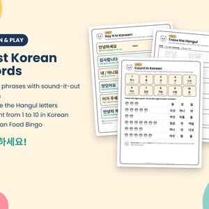 May include: Educational worksheets for learning Korean, featuring sections titled Say it in Korean, Trace the Hangul, and Count in Korean. The pages include Hangul characters, phonetic guides, number charts from 1 to 10, and tiger paw illustrations for counting exercises.