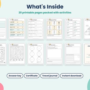 May include: A collection of 20 printable activity pages titled What's Inside, featuring Japanese-themed worksheets including a maze, word search, travel journal, food bingo, and a Japan Explorer certificate, all presented in a grid layout.
