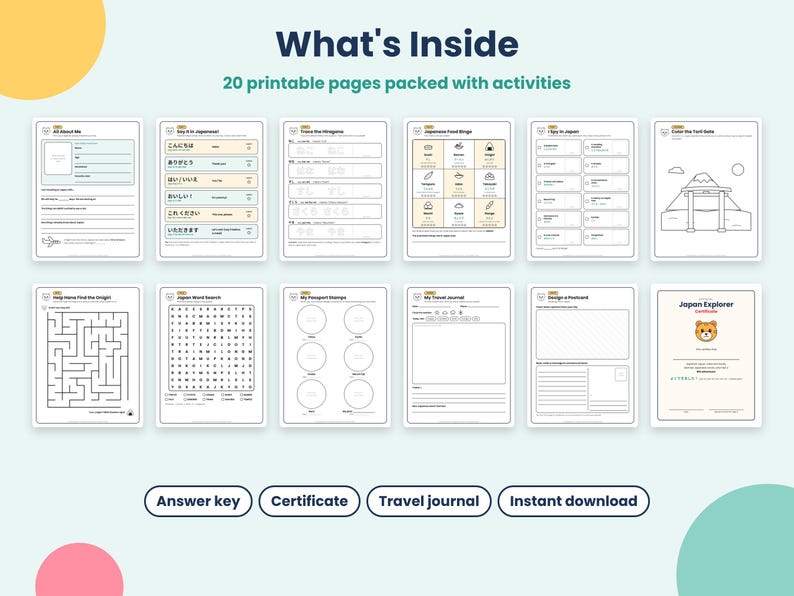 May include: A collection of 20 printable activity pages titled What's Inside, featuring Japanese-themed worksheets including a maze, word search, travel journal, food bingo, and a Japan Explorer certificate, all presented in a grid layout.
