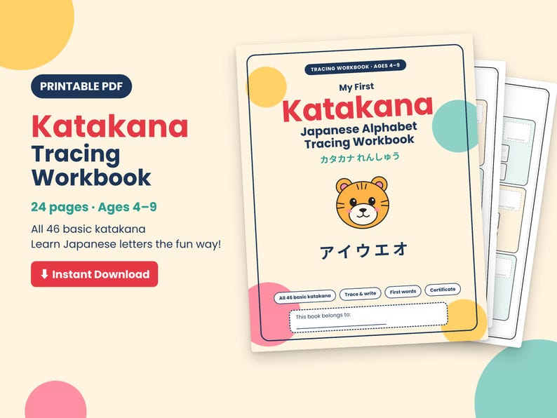 Cuaderno de ejercicios de caligrafía katakana para niños, hojas de trabajo para aprender katakana japonés, práctica del alfabeto japonés imprimible, PDF para educación en casa imagen 1