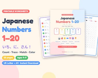 Japanische Zahlen 1-20: Arbeitsblätter für Kinder, druckbare Hiragana- und Kanji-Zahlenübungen, Zählübungen, Japanisch lernen (PDF für den Heimunterricht)