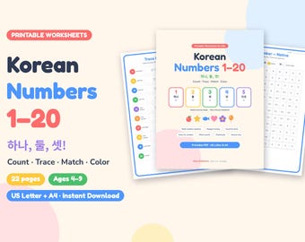 Korean Numbers 1-20 Worksheets for Kids, Printable Hangul Number Tracing, Native & Sino-Korean Counting, Learn Korean Homeschool PDF