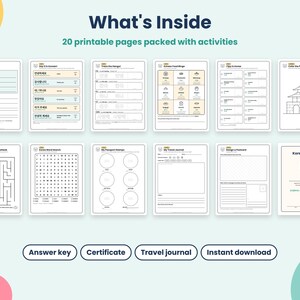 May include: A set of 20 printable activity pages titled What's Inside, featuring worksheets like All About Me, Korean Food Bingo, a maze, word search, travel journal, and a Korea Explorer certificate. The pages include text, lines, and illustrations.