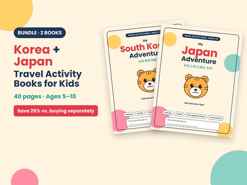 K&ouml;nnte beinhalten: Ein Set aus zwei Reise-Aktivit&auml;tsb&uuml;chern f&uuml;r Kinder mit den Titeln My South Korea Adventure und My Japan Adventure. Jedes Buch enth&auml;lt eine Tiger-Illustration, 40 Seiten f&uuml;r Kinder von 5-10 Jahren sowie Bereiche f&uuml;r Ausmalbilder, R&auml;tsel und Journale.