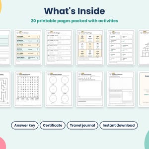 K&ouml;nnte beinhalten: Ein Set aus 20 druckbaren Aktivit&auml;tsseiten mit dem Titel What's Inside, darunter Arbeitsbl&auml;tter wie All About Me, Korean Food Bingo, ein Labyrinth, Wortsuche, Reisetagebuch und ein Korea Explorer-Zertifikat mit Text und Illustrationen.