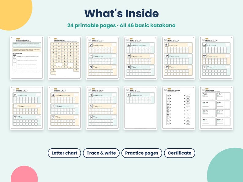 Cuaderno de ejercicios de caligrafía katakana para niños, hojas de trabajo para aprender katakana japonés, práctica del alfabeto japonés imprimible, PDF para educación en casa imagen 3