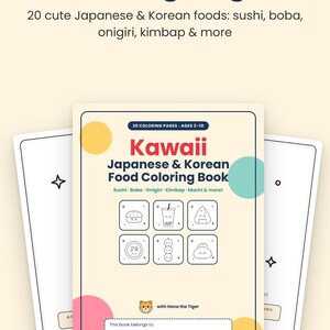 以下が含まれることがあります： 20ページの日本食と韓国料理のイラストが描かれた印刷可能な塗り絵。表紙には「Kawaii Japanese & Korean Food Coloring Book, Sushi, Boba, Onigiri, Kimbap, Mochi & more」というテキストと、名前を記入するスペースが記載されています。