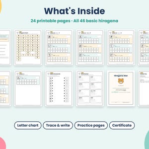 May include: A set of 24 printable pages for learning Japanese hiragana, featuring a letter chart, trace and write practice sheets, word review exercises, and a certificate. The pages include 46 basic hiragana characters and an answer key.
