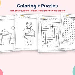 May include: A set of four printable activity sheets titled Coloring + Puzzles featuring a Torii gate, a person in a kimono, a maze, and a Japan word search. Each page contains black and white line art, instructional text, and a small bear icon.
