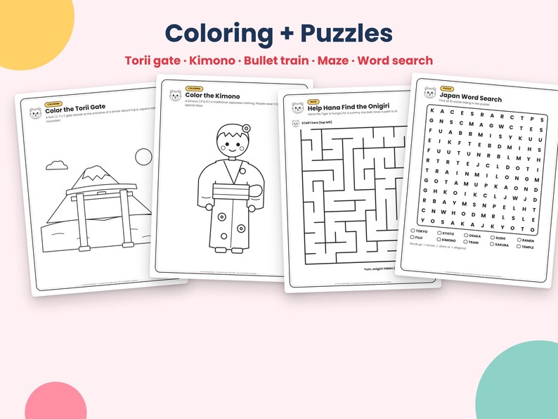May include: A set of four printable activity sheets titled Coloring + Puzzles featuring a Torii gate, a person in a kimono, a maze, and a Japan word search. Each page contains black and white line art, instructional text, and a small bear icon.