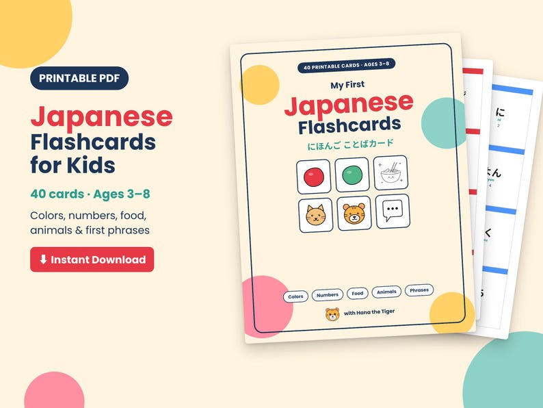 Japanese Flashcards for Kids, 40 Printable Vocabulary Cards, Learn Hiragana Words, Bilingual Homeschool PDF image 1