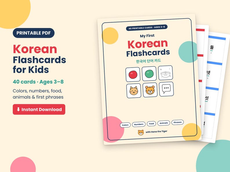 子供向け韓国語フラッシュカード、印刷可能な語彙カード40枚、ハングル単語学習、バイリンガルホームスクールPDF 画像 1