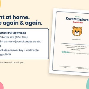 K&ouml;nnte beinhalten: Ein druckbares Korea Explorer-Zertifikat mit einem Tiger-Symbol, dem Text This certifies that, Zeilen f&uuml;r Name, Datum und Unterschrift sowie dem koreanischen Text 참 잘했어요! mit der englischen &Uuml;bersetzung Great job! im Format 21,59 x 27,94 cm.